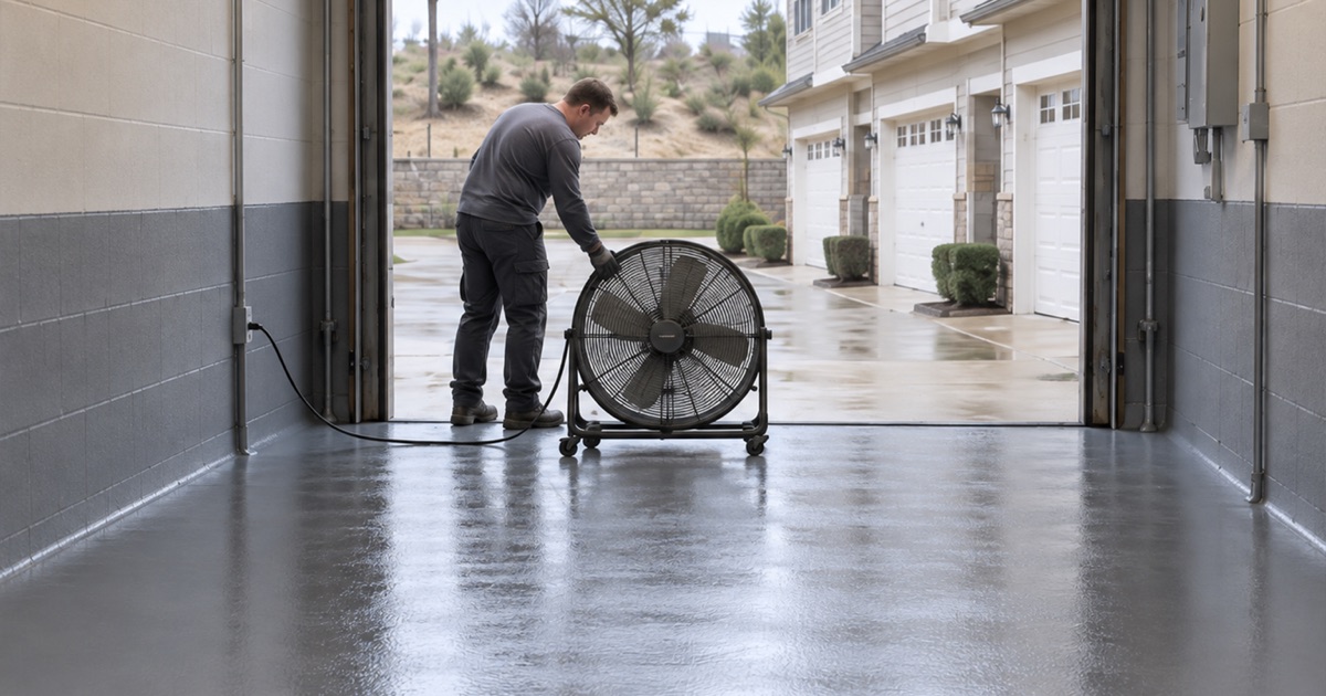 tandem townhome garage, ventilated for cure