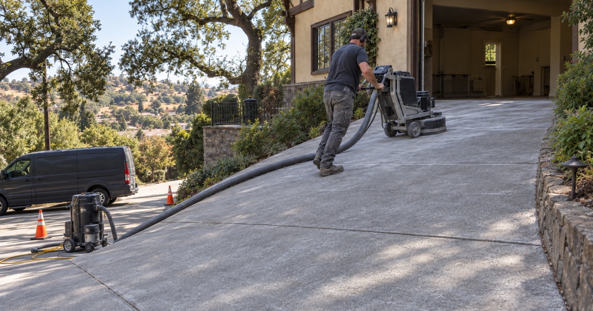 walking a grinder up a steep driveway